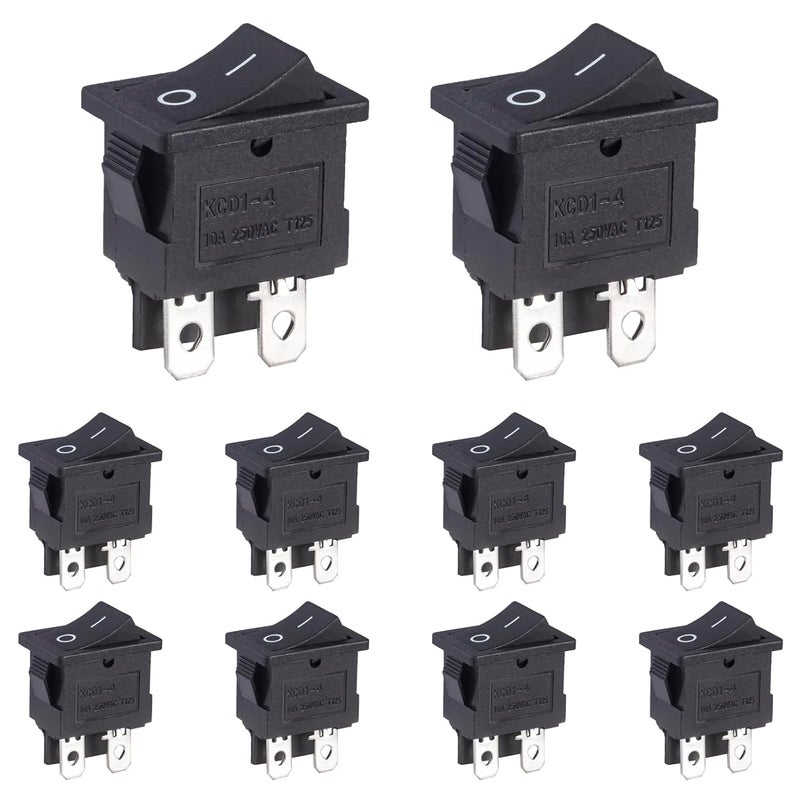 VEXUNGA Mini Rocker Switch On Off 4 Pin 2 Position 10A 250V Black Boat Rocker Toggle Switch KCD1 SPST Snap-in Square Switches for Car Marine Home Appliances (Pack of 10pcs) - Image 1